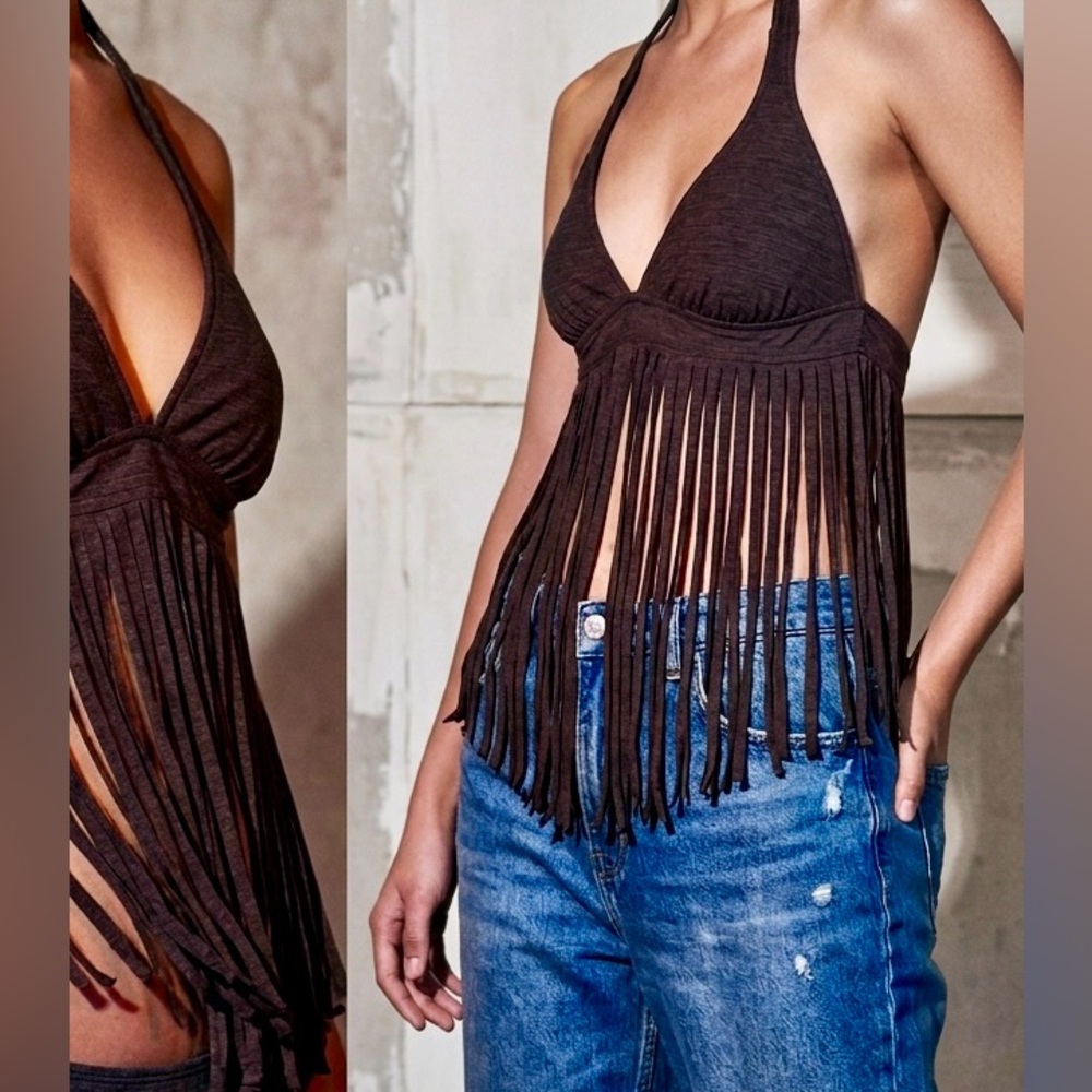 Fringe Halter Crop Top in Dark Brown